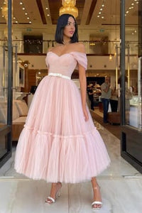 Blush Pink Off The Shoulder Tulle Prom Gown With Sweetheart Neckline