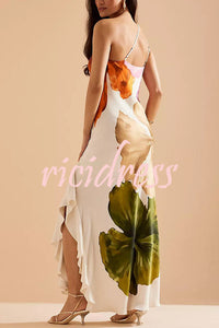 Love Filled Floral Print One Shoulder Side Ruffles Maxi Slip Dress