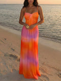 Orange Boho Women's Elegant Tie Dye Print Slip Dress Color: Orange