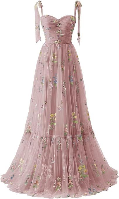 Elegant Spaghetti Straps A Line Floral Floor Length Bridesmaid Dress