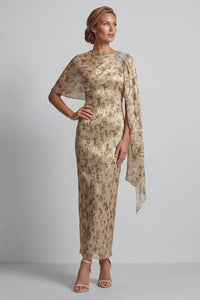 Champagne Beaded Sheath Long Floral Mother Of The Bride Dress With