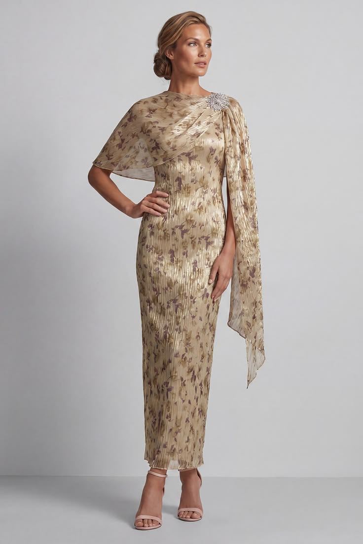 Champagne Beaded Sheath Long Floral Mother Of The Bride Dress With