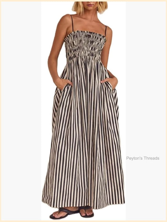 Sleeveless Striped Smocked Maxi Dress Swing Patchwork Sundress