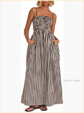 Sleeveless Striped Smocked Maxi Dress Swing Patchwork Sundress Color: