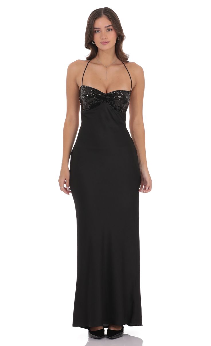 Sequin Bust Satin Maxi Dress In Black