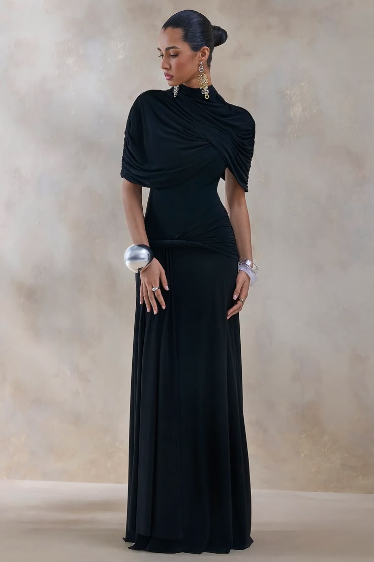 Evelisse Black High Neck Maxi Dress With Short Cape Sleeves