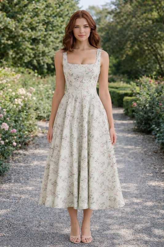 Floral Lace Up Midi Dress, Cottagecore A Line Summer Outfit Etsy