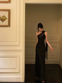 Sexy A Line One Shoulder Black Floor Length Prom Dress Birthday Dress