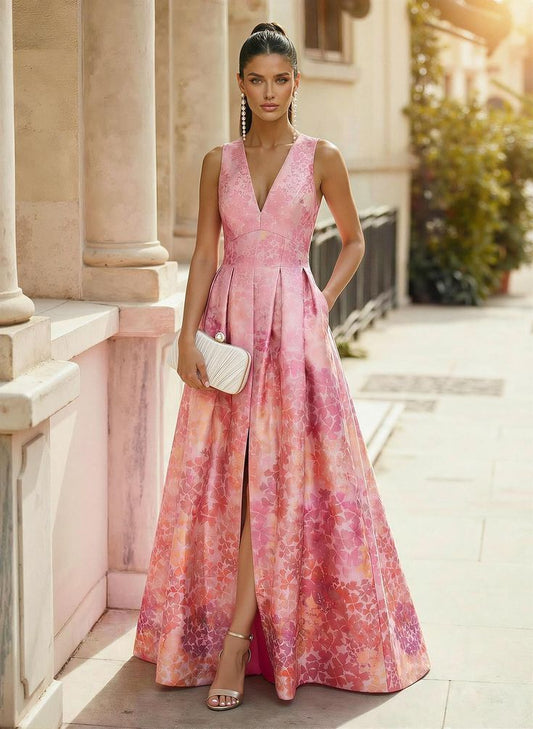 Missacc Prom Dress A Line V Neck Floor Length Satin Prom Dress With