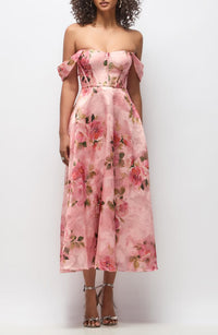 Dessy Collection Edie Floral Jacquard Cocktail Midi Dress In Guava