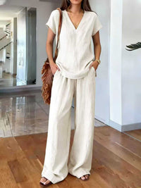 Klarisa Casual V-Neck Linen Two-Piece Set