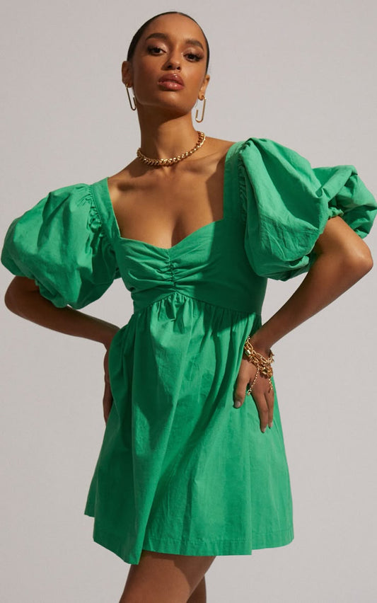 Vashti Mini Dress Puff Sleeve Sweetheart Dress In Green