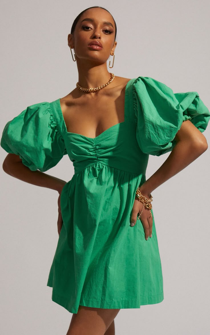 Vashti Mini Dress Puff Sleeve Sweetheart Dress In Green