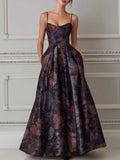 Floral Spaghetti Strap Structured A Line Maxi Dress Black