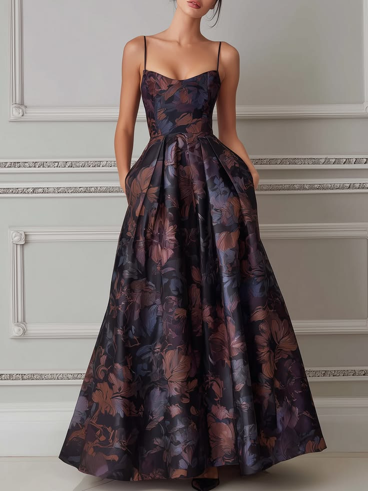 Floral Spaghetti Strap Structured A Line Maxi Dress Black