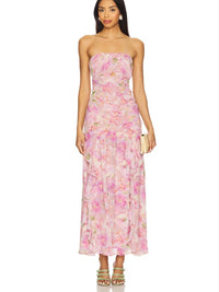 Astr Dress Astr Pink Floral Strapless Ruffles Maxi Dress Color: Pink