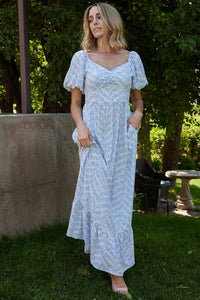 Durban Maxi Dress Dusty Blue Geometric Print