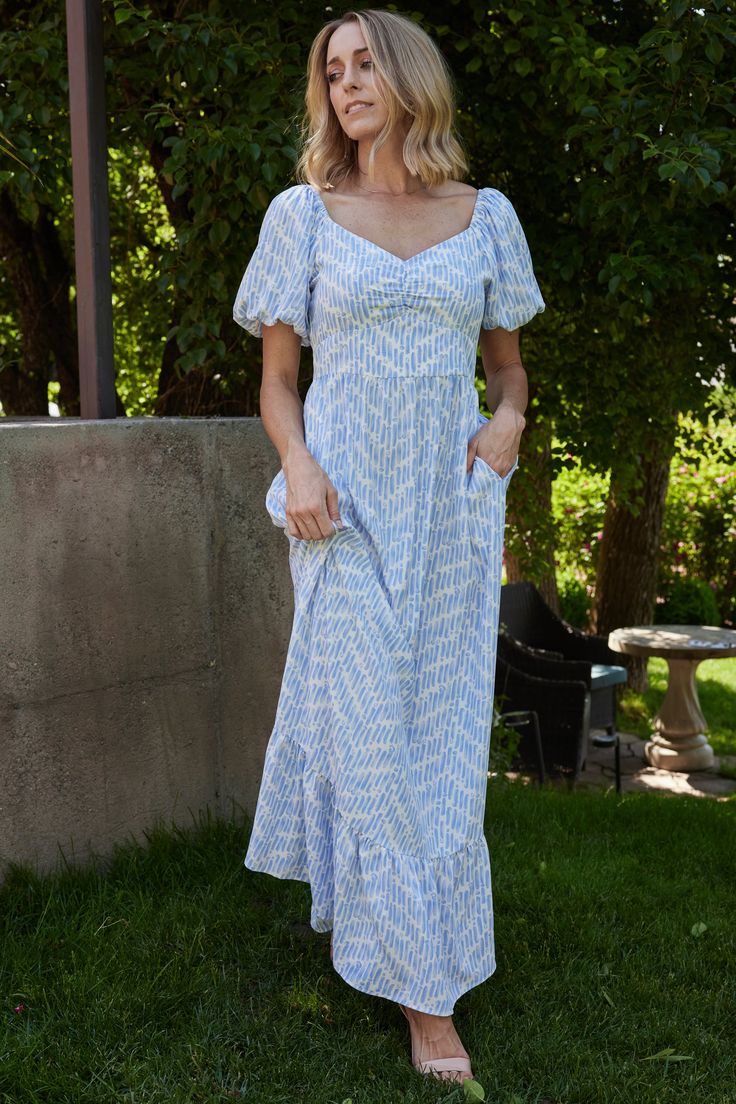 Durban Maxi Dress Dusty Blue Geometric Print