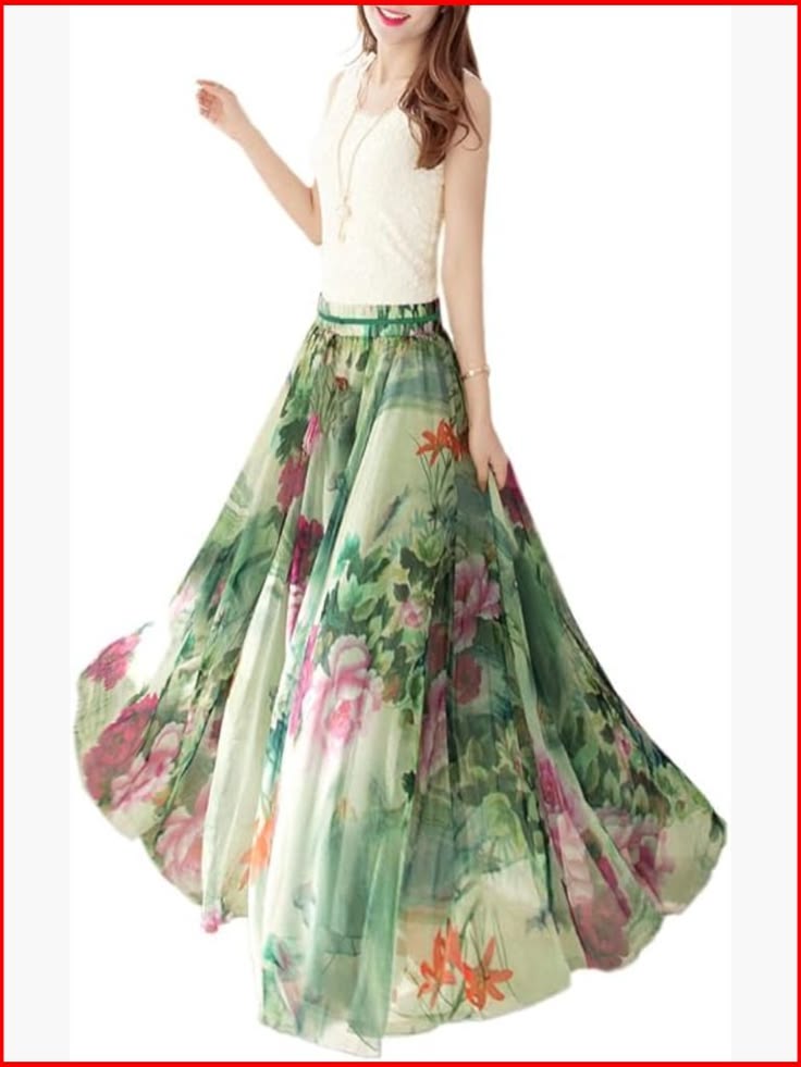Maxi Skirt Lightweight Chiffon Elastic Waist Casual Formal Wear Color: