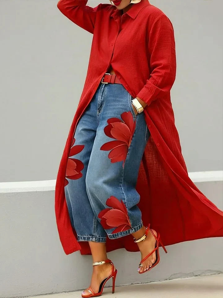 Maud - Shirt Dress and Floral Jeans Set