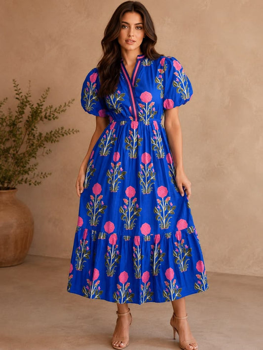 Sky Blue Floral Maxi Dress, Cottagecore Puff Sleeve Dress, Boho Beach