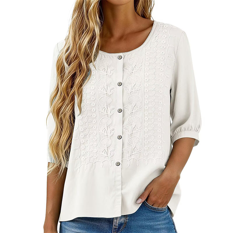 Sarah - Embroidered Cotton and Linen Blouse