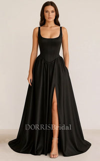 Black Sleeveless A Line Evening Gown With Slit