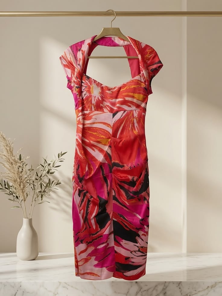 Cocktail Dress Natural Silk Floral Pink Open Back Bodycon Y2K Usa