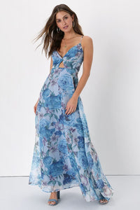 Enchanting Entrance Blue Floral Organza Keyhole Maxi Dress