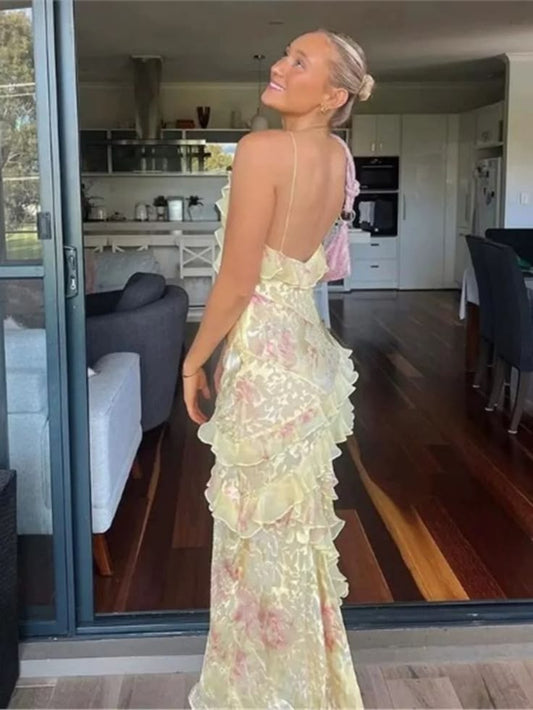 Gorgeous Mermaid Spaghetti Straps Floor Length Floral Yellow Chiffon