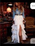 Custom Made Skirts Boho White Tiered Ruffle Maxi Skirt With Side Slit