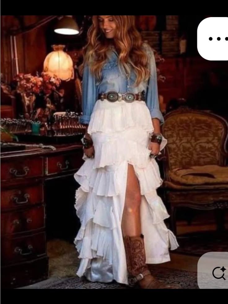 Custom Made Skirts Boho White Tiered Ruffle Maxi Skirt With Side Slit