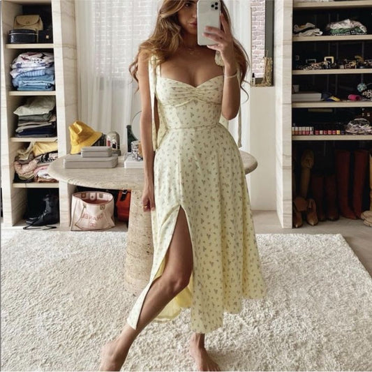 Dress Pastel Yellow Floral Summer Ribbon Alicia Midi Dress Color: Pink