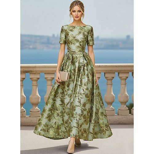 A Line Floor Length Cocktail Dress Elegant Vintage Floral Short Sleeve