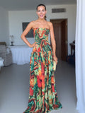 Gzaza Elegant Wrap Neckline Abstract Print Maxi Dress, Multi