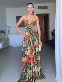Gzaza Elegant Wrap Neckline Abstract Print Maxi Dress, Multi
