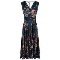 Vintage Style Dark Teal Floral Midi Dress Slinky Stretch Fit And Flare