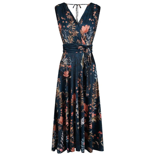 Vintage Style Dark Teal Floral Midi Dress Slinky Stretch Fit And Flare
