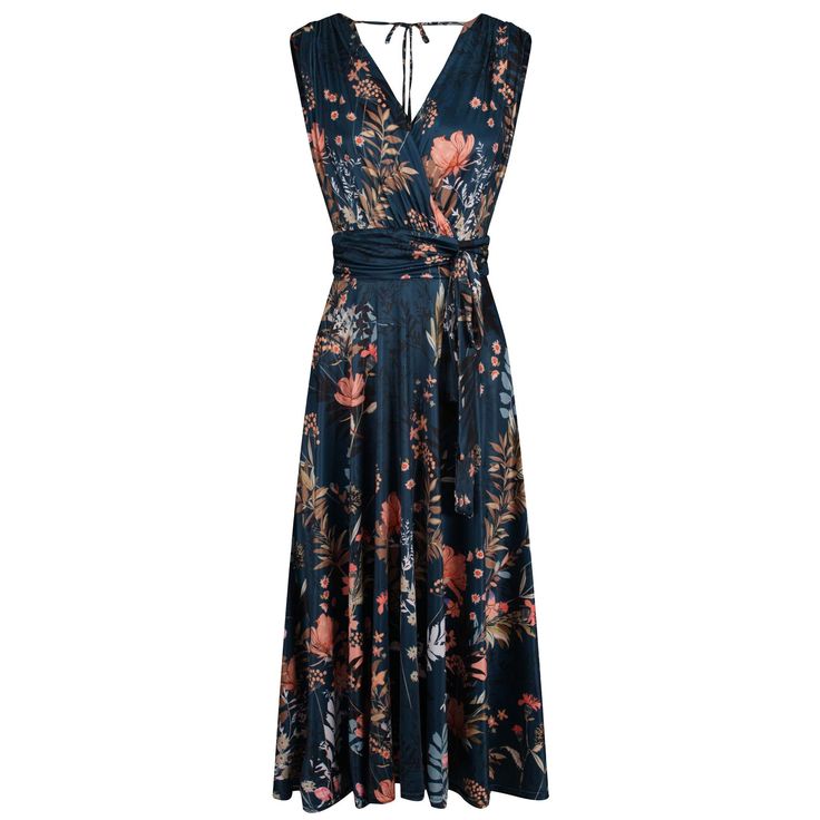 Vintage Style Dark Teal Floral Midi Dress Slinky Stretch Fit And Flare
