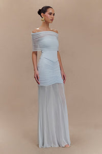Caspian Slinky And Mesh Off Shoulder Maxi Dress Pale Blue