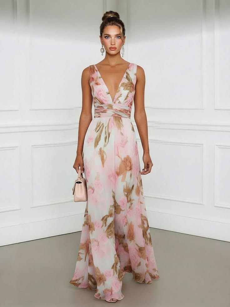 Elegant Pastel Print V Neck Tie Waist Slit Maxi Dress