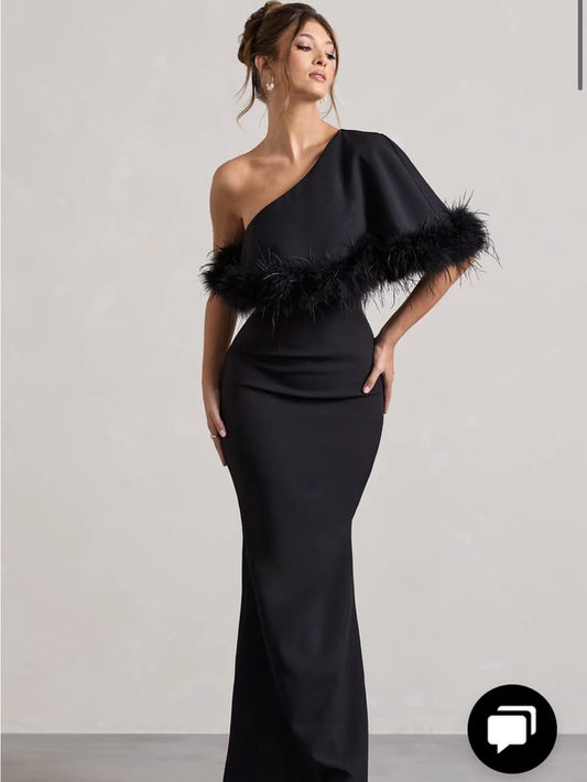 Club London Dress Elegant One Shoulder Black Feather Trim Gown Color: