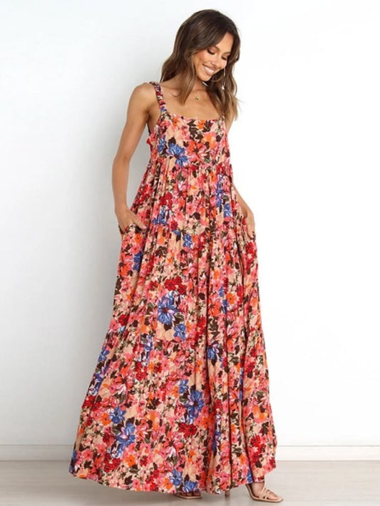 Petal & Pup Dress Petal & Pup Pink Floral Maxi Dress With Blue & Red