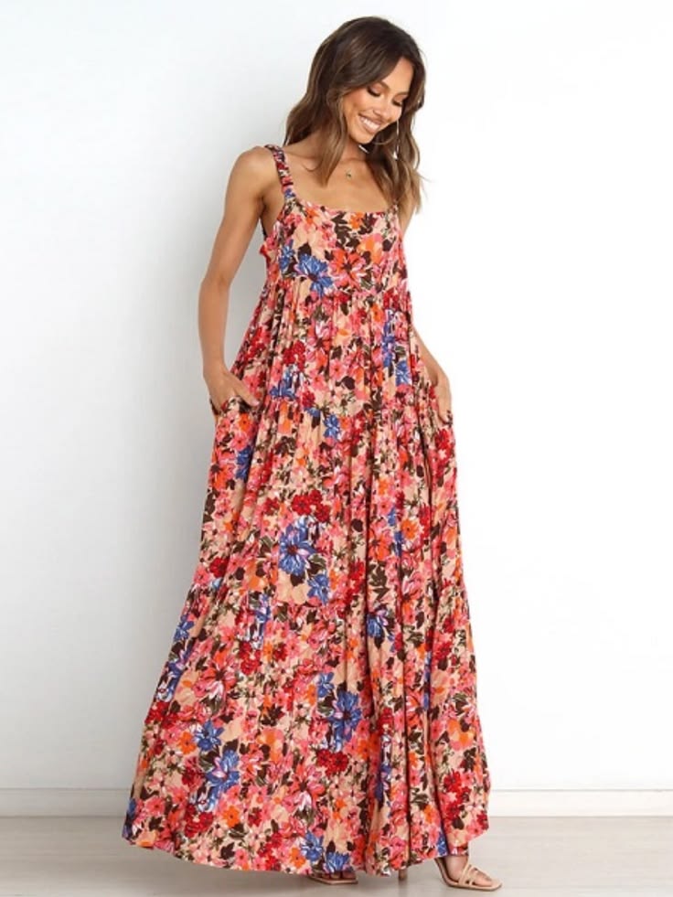Petal & Pup Dress Petal & Pup Pink Floral Maxi Dress With Blue & Red