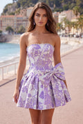 Floral Purple Jacquard A Line Short Homecoming Dress With Bow Purple