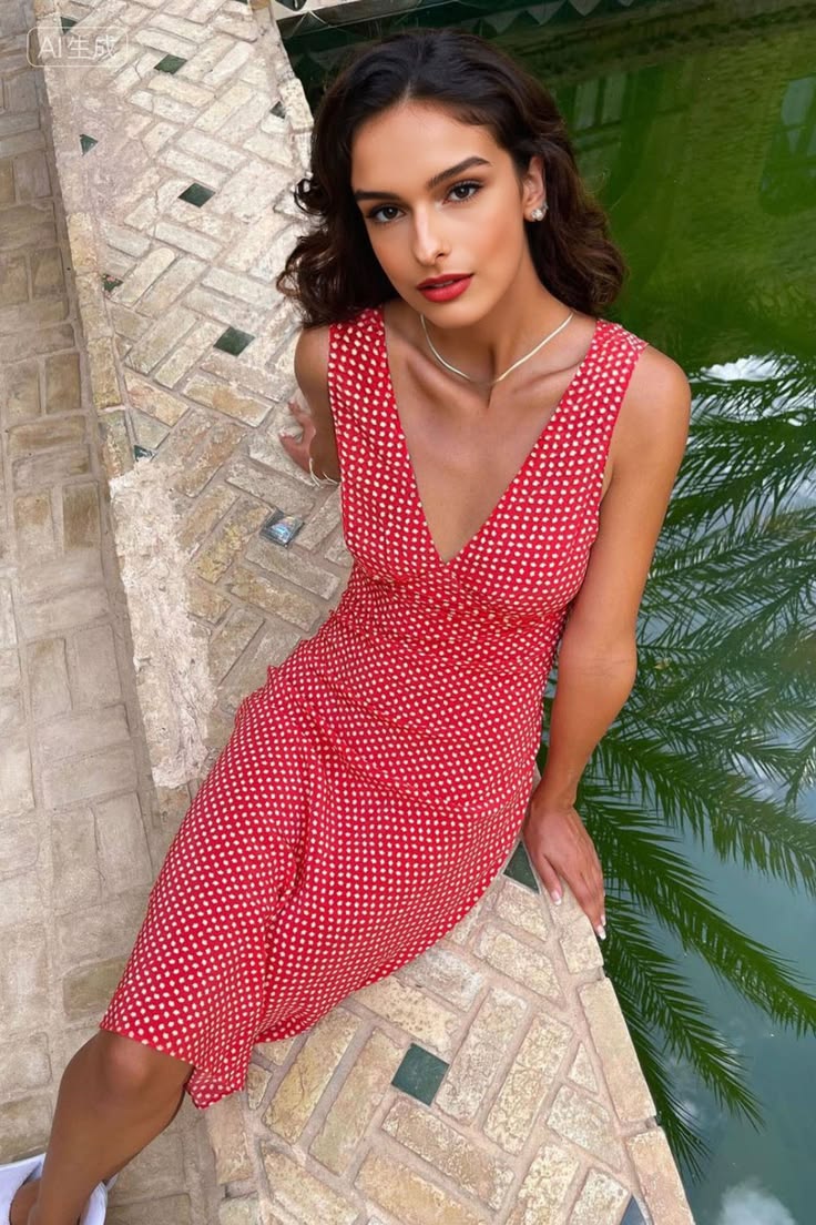 100% Silk Printed V Neck Bias Cut Midi Dress Cherry Red