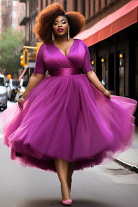 Xpluswear Design Plus Size Prom Elegant Purple Wrap Neck Short Sleeve
