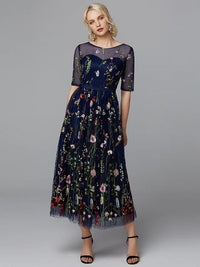 A Line Floral Dress Valentine's Day Wedding Guest Tea Length Half