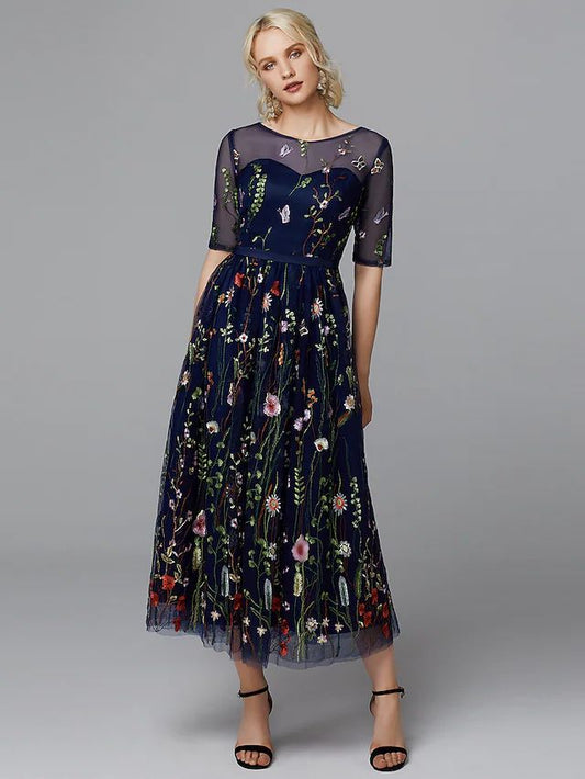 A Line Floral Dress Valentine's Day Wedding Guest Tea Length Half