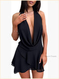 Sexy Halter Plunge V Cowl Neck Open Back Irregular Ruffle Hem Mini